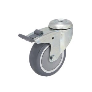 Mecanarte 300/BIET-F1/1 – Rodízio giratório com travão e suporte em aço de roda em borracha cinza e proteção anti-fio