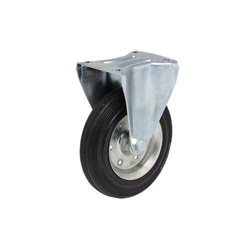 Mecanarte 125/B – Rodízio fixo com suporte em aço de rodas em borracha preta e jante metálica com rolamento de rolos